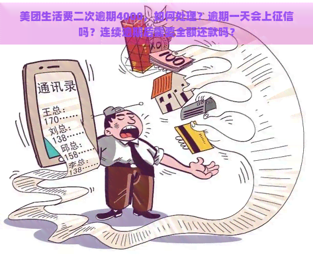 美团生活费二次逾期4000，如何处理？逾期一天会上吗？连续逾期后需要全额还款吗？